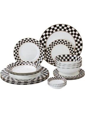 20-Piece Checker Pattern Round Dinnerware Set for 4 - Elegant Porcelain Dining